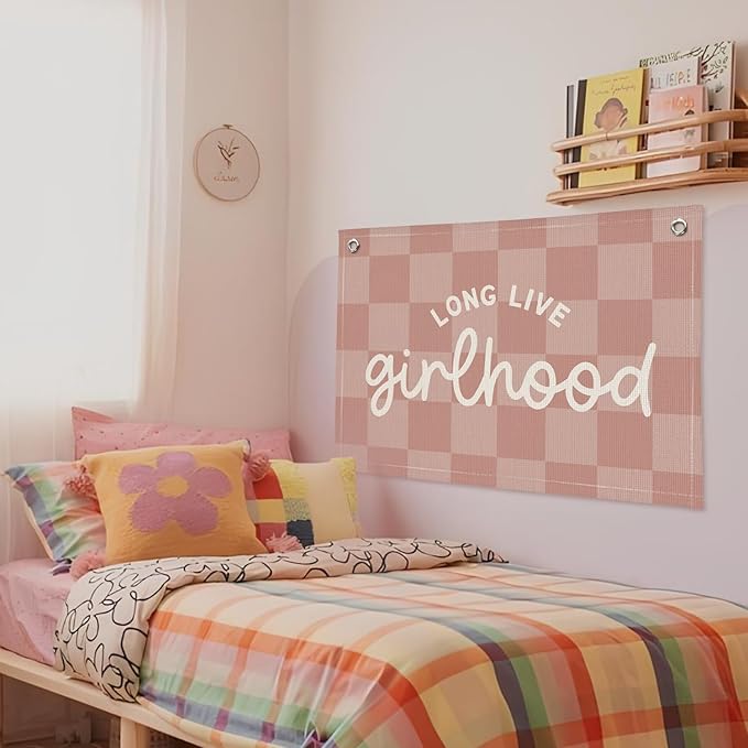 "Long Live Girlhood" Linen Canvas Wall Hanging 20x30 Inch - Pink Buffalo Check Girls Nursery & Toddler Room Decor, Banner Flag for Playroom Wall Art
