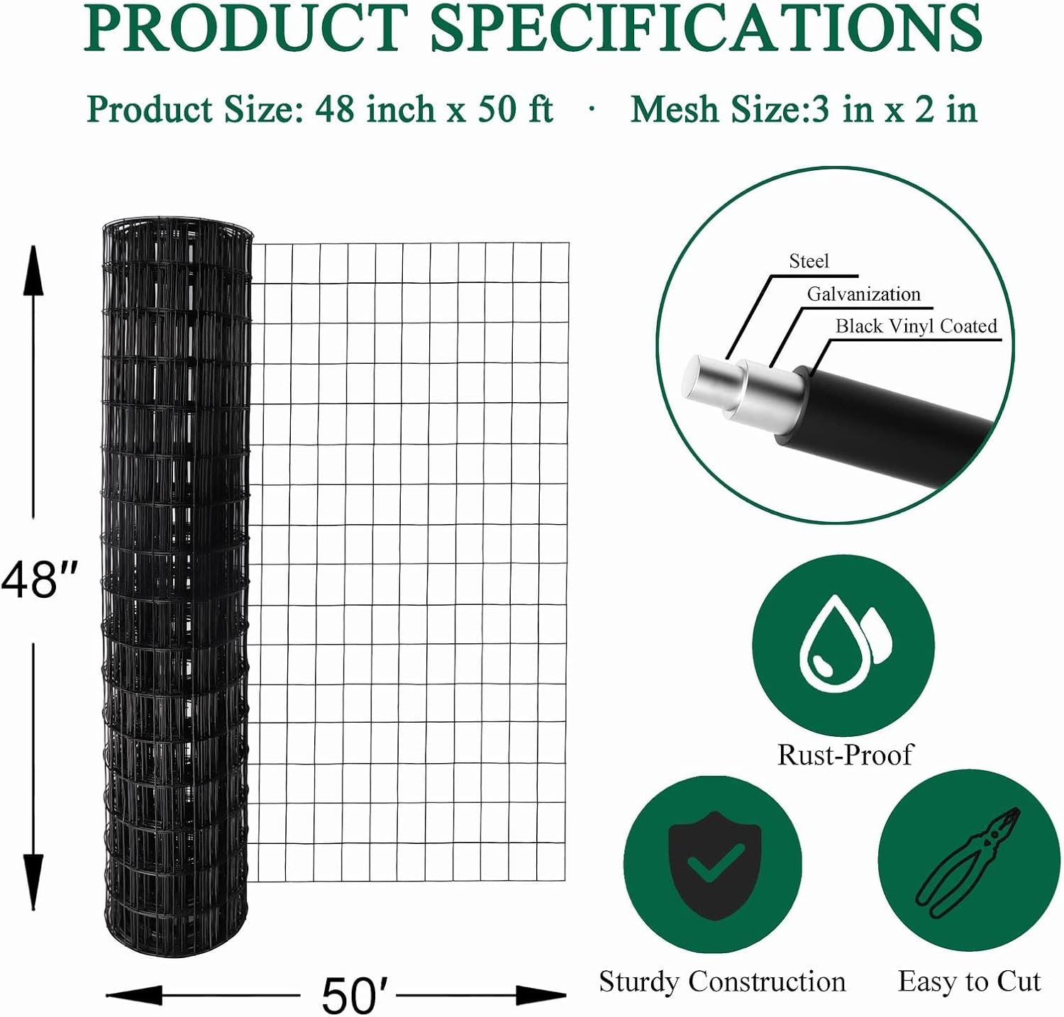 Black PVC Coated Welded Wire Fence 48 Inch x 50 Foot, 2 Inch x 3 Inch 16GA, Garden Border Fencing Roll Vinyl Coating Metal Wire Mesh for Yard Vegetable Plant Protection Poultry Netting