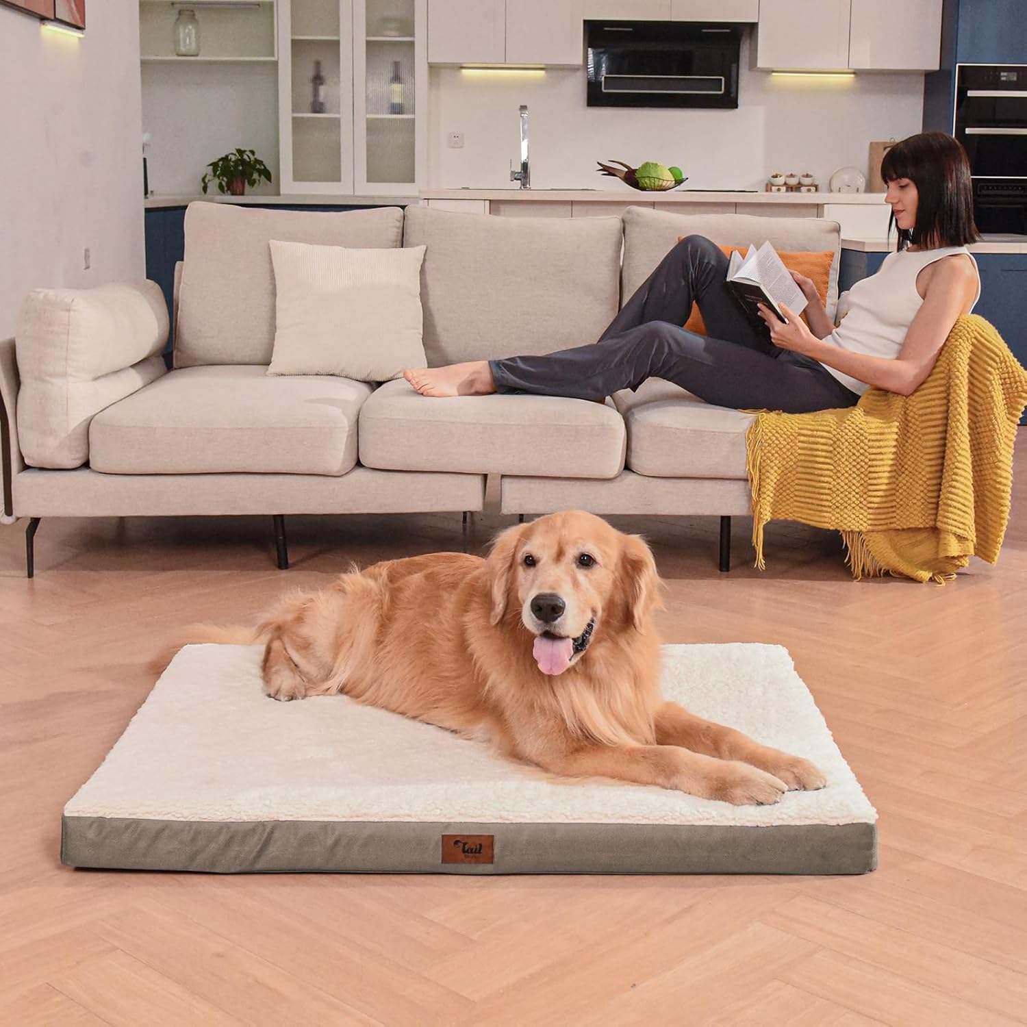 Orthopedic Dog Bed for Extra Large Dogs, XL Waterproof Pet Bed for Large Sized Dog, Egg Crate Foam Pet Bed with Removable Washable Oxford Cooling Cover, Khaki White