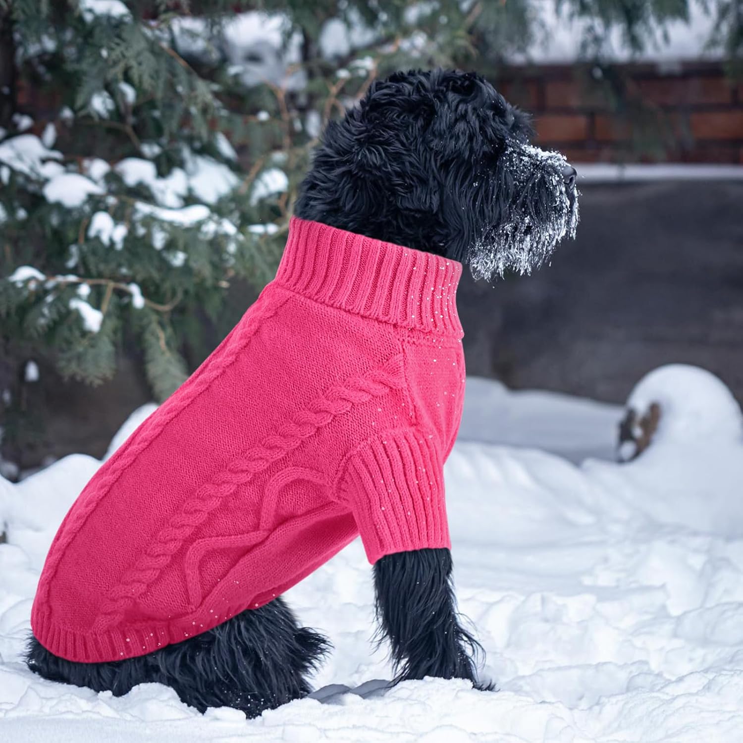 Queenmore Small Dog Pullover Sweater, Cold Weather Cable Knitwear, Classic Turtleneck Thick Warm Clothes for Chihuahua, Bulldog, Dachshund, Pug (Fuchsia, Medium)