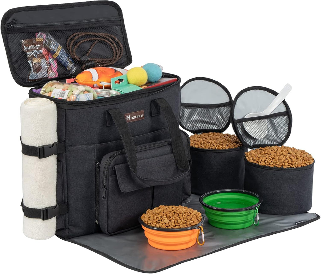 Modoker Dog Travel Bag with 2 Collapsible Dog Bowls, 1 Dog Backpack, Airline Approved Pet Travel BagOrganizer for Supplies & Accessories, 2 Travel Dog Food Container, Black