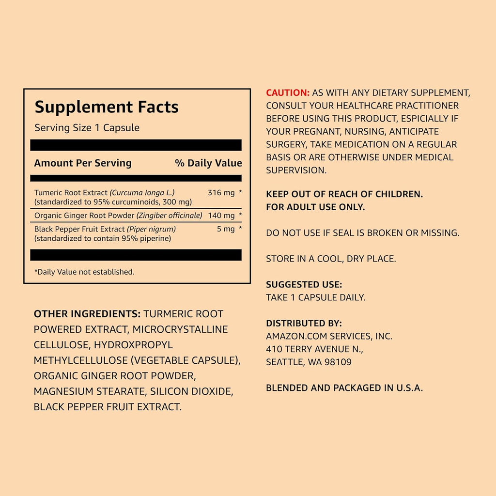 Amazon Elements Turmeric Complex, 316 mg Curcumin, 140 mg Ginger, 5 mg Black Pepper - Joint & Immune System, Healthy Inflammation Response - 65 Capsules (2 Month Supply) (Pack of 2)