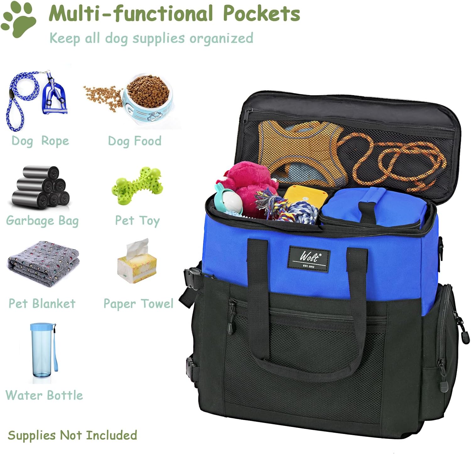 WOLT Dog Travel Bag Dog Bag for Traveling and Supplies with 2 Collapsible Bowls, 2 Food Containers, 1 Place Mat, Blue