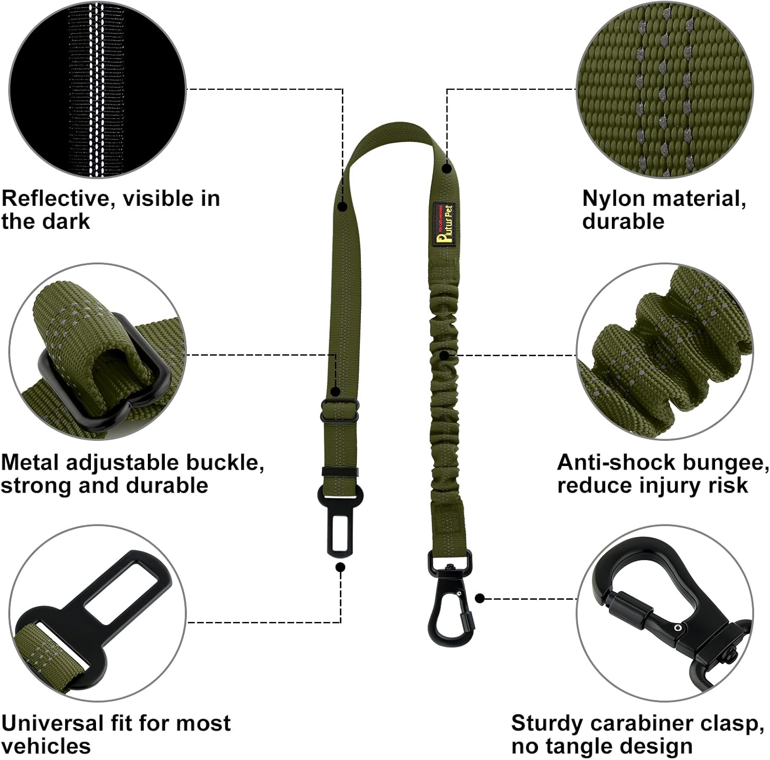 Plutus Pet Dog Seat Belt for Car, Adjustable Dog Car Harness with Carabiner Clip, Reflective Safety Dog Seatbelt Leash with Elastic Bungee, Ranger Green