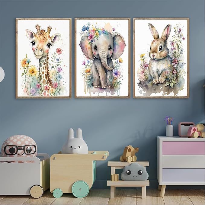 3Pcs Baby Watercolor Safari Animals Nursery Canvas Wall Art Cute Jungle Animals with Wildflower Picture Posters Wall Decor Giraffe Elephant Rabbit Painting Print Artwork for Kids Children Room 12x16in