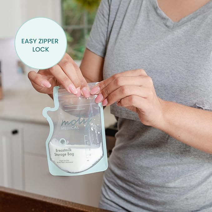 Motif Medical Breastmilk Storage Bags - Breastmilk Freezer Bags w/Easy Pour Spout, Write-On Label - Leak-Proof Double Zipper Milk Bags for Breastmilk - Breastfeeding Mom Gifts (6 oz, 100 Count)
