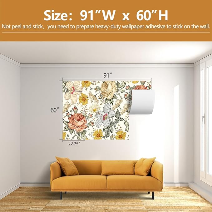Vintage Floral Wallpaper Pink and Yellow Peony Flower Wall Mural for Living Room Bedroom（Not Peel and Stick）