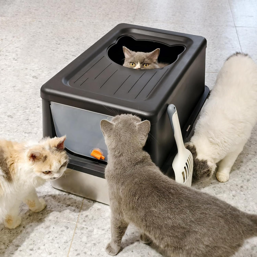 Stainless Steel Litter Box with Lid, Extra Large Cat Box with high Sides, Kitty Litter Pan Enclosure, top Entry Cat Litter Box Extra Large with Litter Scoop & Litter Mat, Anti-Leakage (XL Black)