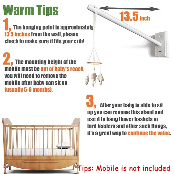 Mobile Wooden Arm, Wall Mounted Suitable for All Cribs 100% Natural Larch Hanger Nusery Decor Baby Room Safe Holder (White)