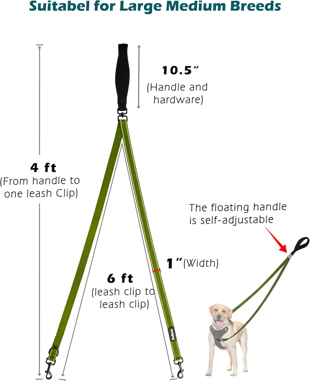 PetBonus Two Point Control Dog Leash, Works with No Pull Harnesses, No Tangle Dog Training Leashes, No Pull Padded and Reflective Walking Lead, Converts to Single Leash for Large Dogs (Khaki Green)