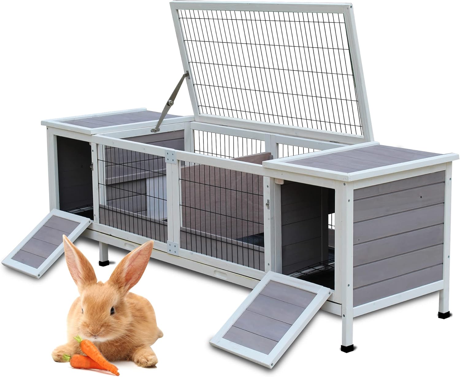 Rabbit Hutch Indoor Leakproof Bunny Cage Fir WoodenOutdoor Bunny House with Wire Floor Leakproof Plastic Tray (Grey)