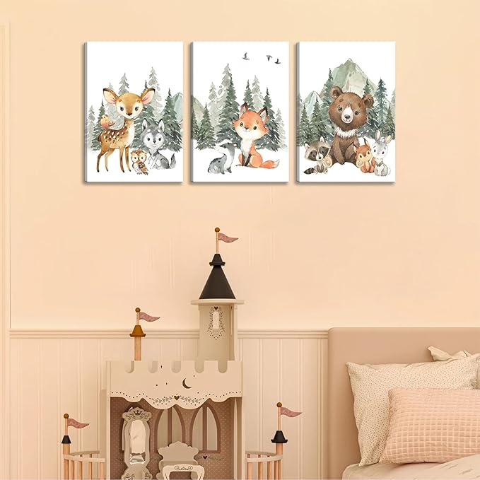 3Pcs Woodland Animal Nursery Canvas Wall Art Forest Adventure Theme Animals Picture Posters Wall Decor Cute Watercolor Deer Bear Fox Painting Print Artwork for Kids Baby Bedroom Decor 16x24in