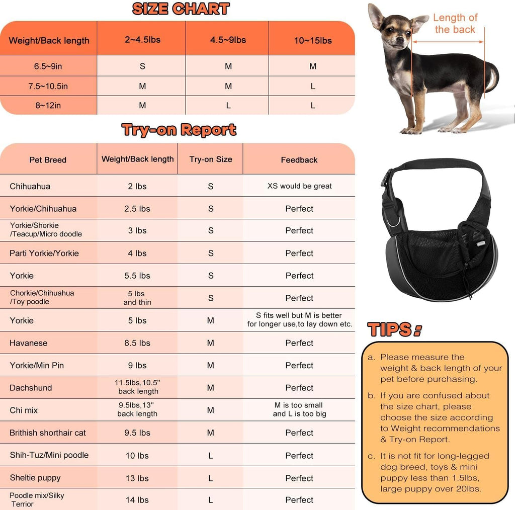 YUDODO Pet Sling Carrier for Small Dogs & Cats – Hands-Free Puppy Carrier with Safety Hook, Large Zipper Pocket, Soft Breathable Mesh, Adjustable Strap & Reflective Strip (Black 3.0 S)
