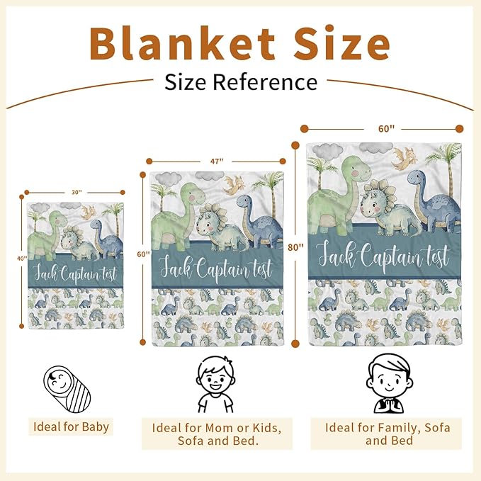 Personalized Baby Name Blanket for Boy Girl, Soft Flannel Blanket with Double Layer Dotted Backing for Newborn, Nursery Crib with Green Dinosaur Design, Baby Blanket Customized Gifts(30”x40)