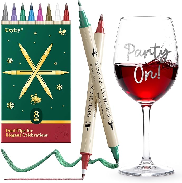 Wine Glass Markers Washable, 8-Pack Dual Tip Erasable Pens | Food Grade Non-Toxic Ink for Glasses, Ceramic | Ideal Christmas Gifts & Party Accessories