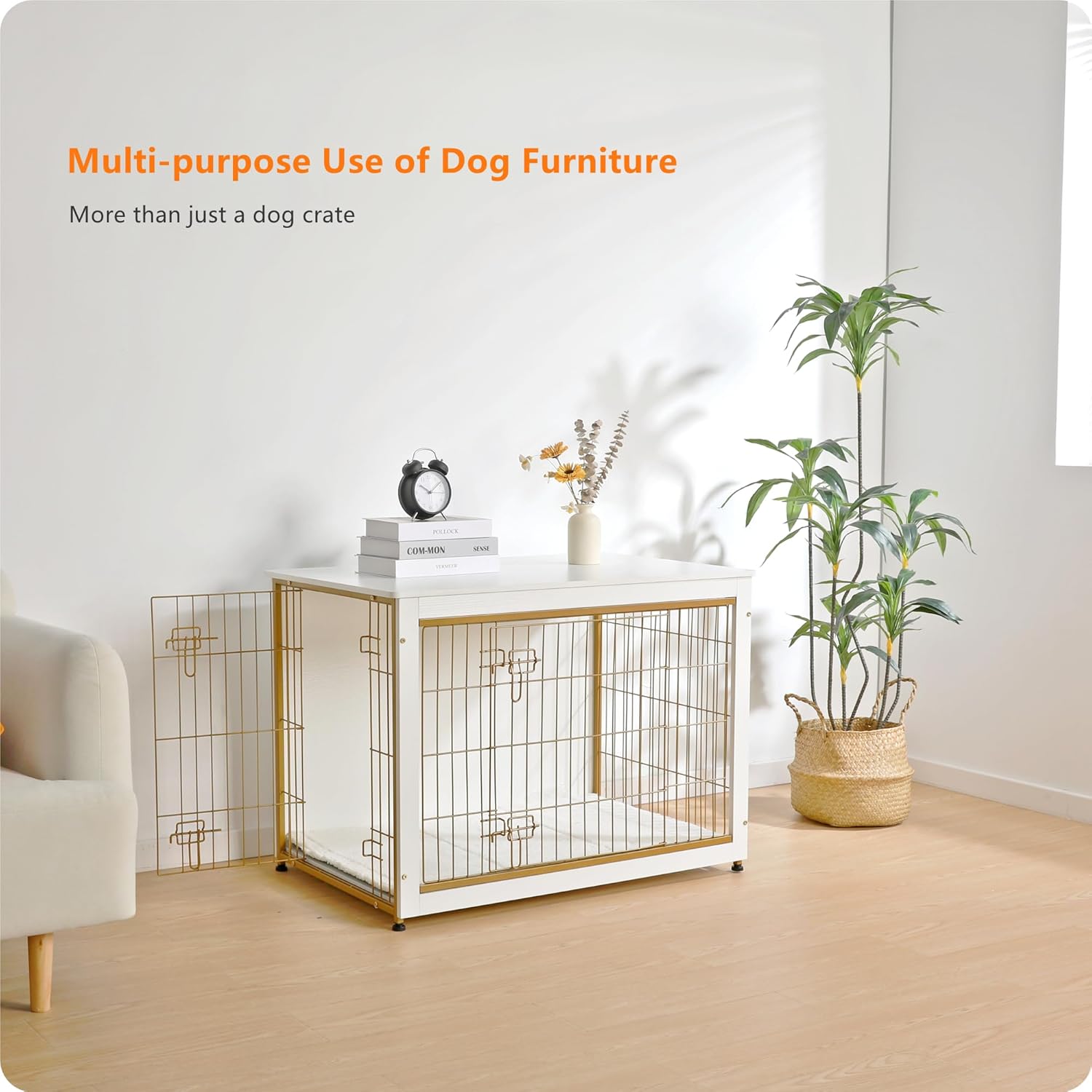 DWANTON Dog Crate Furniture with Cushion, Wooden Kennel Table with Double Doors, Indoor Dog House, Large Size, 38.5" L, White