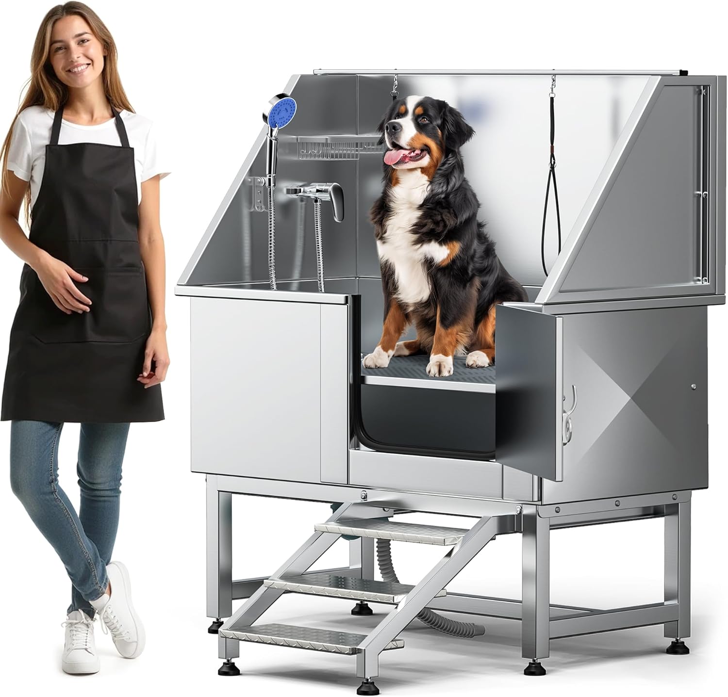 DWVO Professional Pet Dog Bathing Station for Grooming, 50'' Dog Grooming Bathtub with Right Staris, Floor Grate, Faucet, Showerhead & Soap Holder for Large, Medium & Small Pets