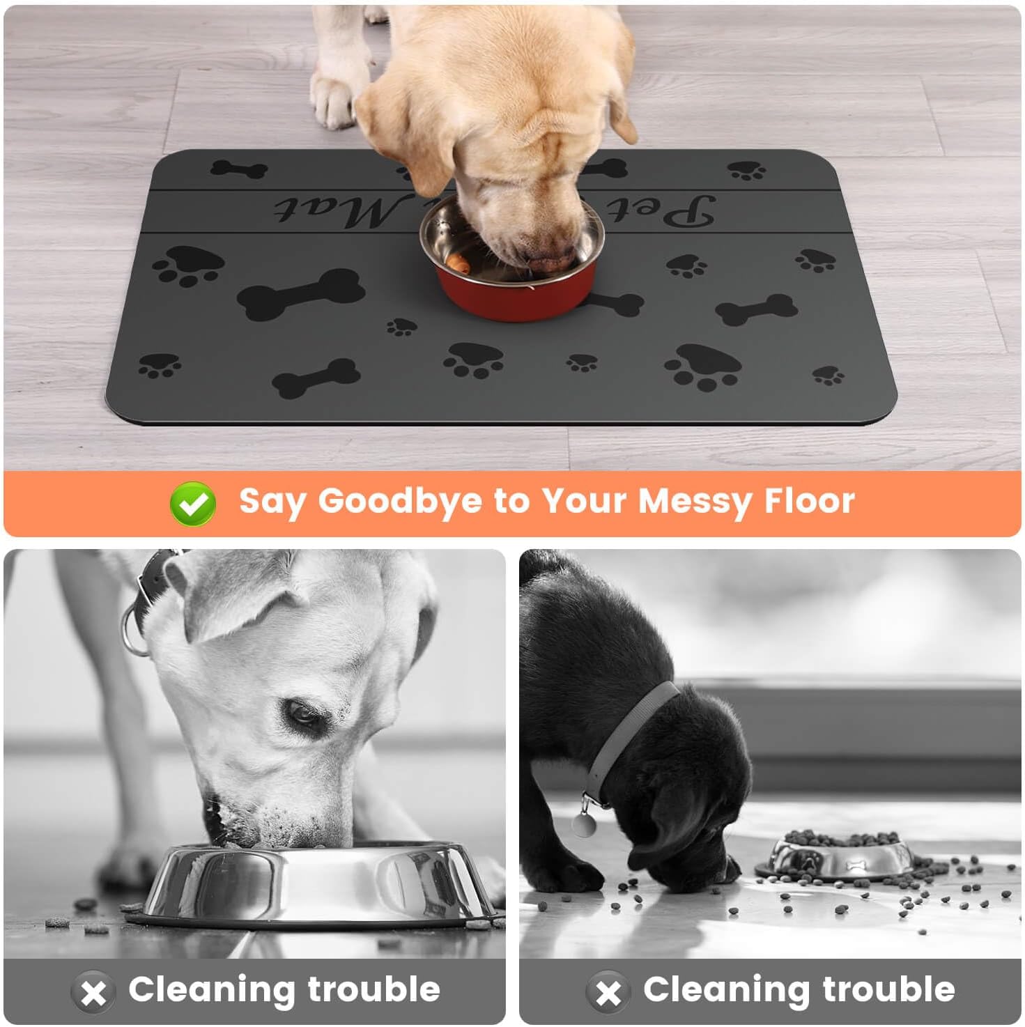 Pet Feeding Mat-Absorbent Pet Placemat for Food and Water Bowl, with Waterproof Rubber Backing, Quick Dry Water Dispenser Mat for Dog and Cat (17"x27", Bones)