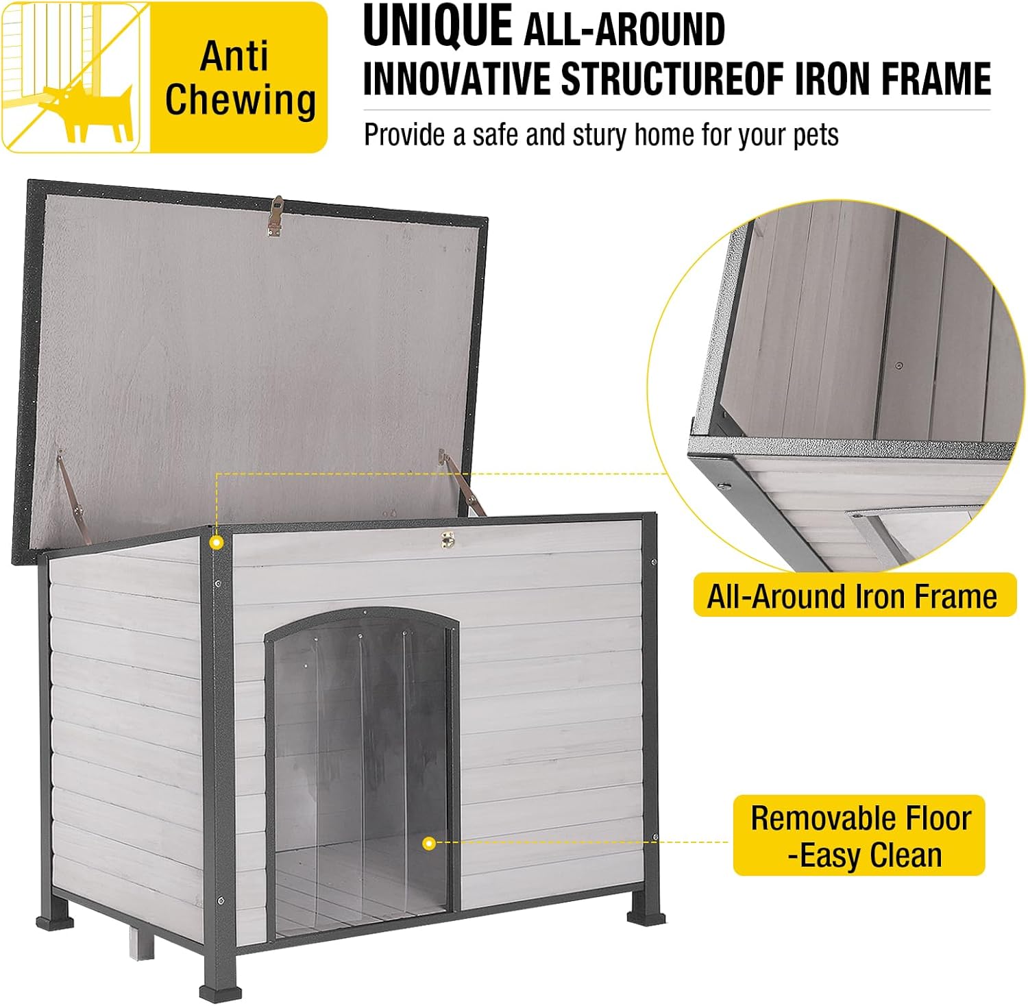 Aivituvin Large Dog House Outdoor Indoor Weatherproof Dog House for Small & Medium & Large Dogs with Unique All-Around Iron Frame＆Raised Feet（White）