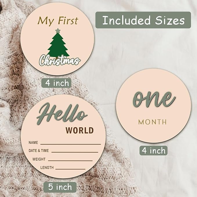 Monthly Baby Milestone Maker Discs, Baby Milestone Signs for Newborn Baby, Hello World Newborn Sign for Baby Girl & Boy, Baby Announcement Sign for 1-12 Month, Milestone Wooden Circles (Sage)