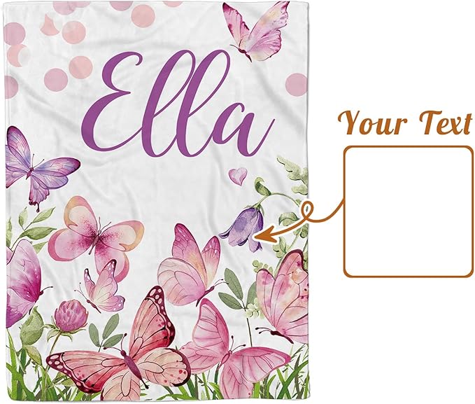 Personalized Baby Blanket for Girls, Custom Name Blanket for Newborn New Mom, Soft Flannel with Double Layer Dotted Backing, Ideal Gifts for Baby Shower Christmas Birthday, Butterfly(47" x60)