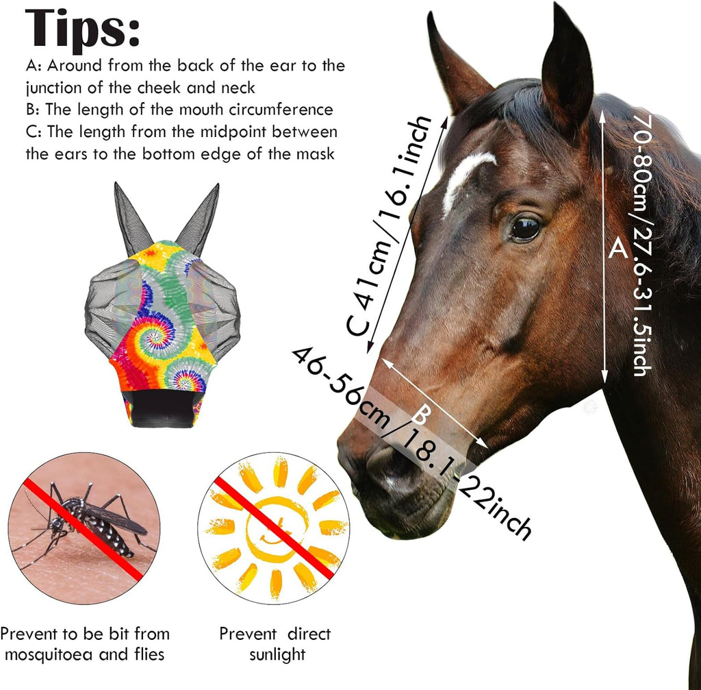 Chunful 6 Pcs Horse Fly Masks with Ears Smooth and Comfortable Cashel Mesh Fly Mask Elasticity Breathability UV Protection Horse Face Covering for Riding Supplies(Tie Dye,Medium)