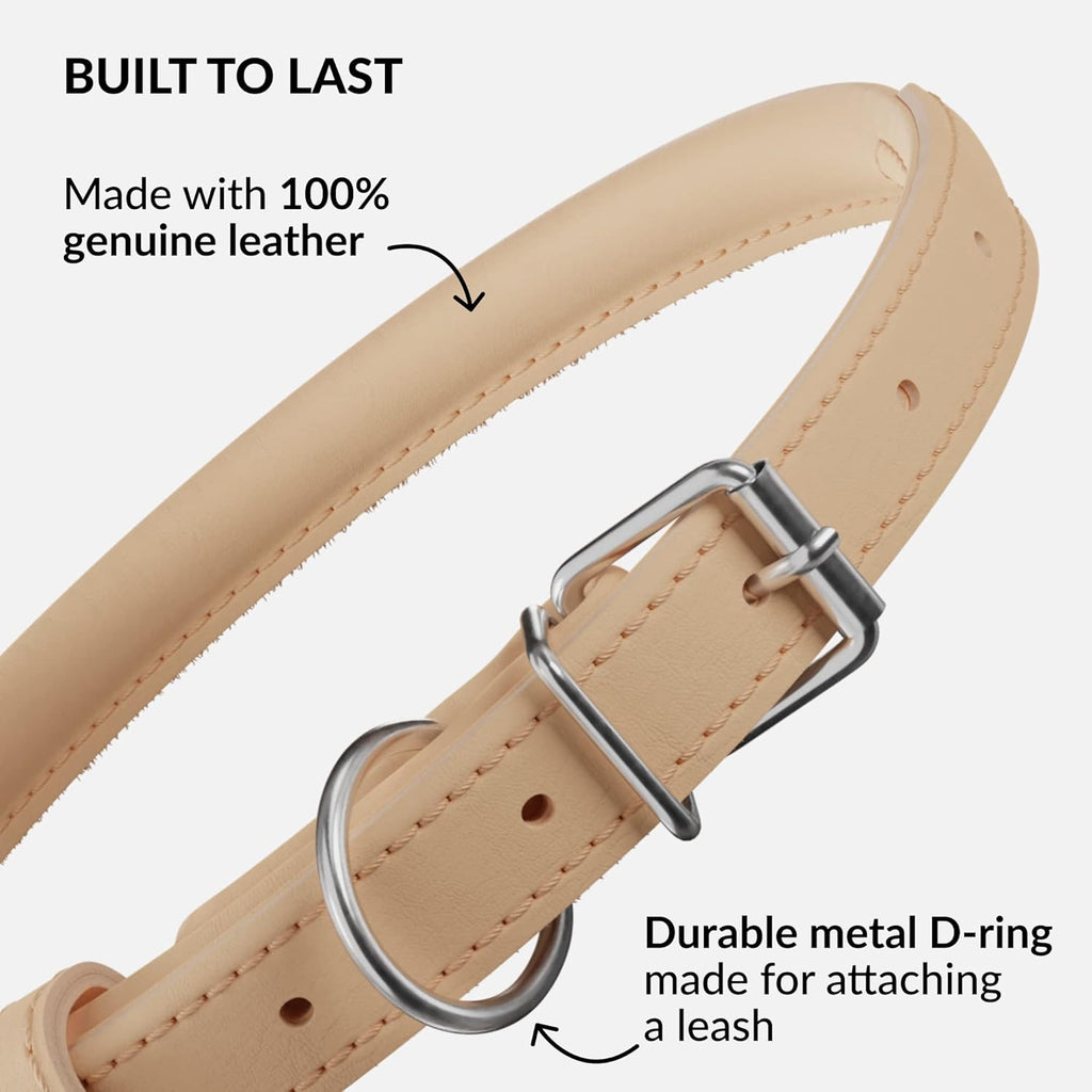 CollarDirect Rolled Leather Dog Collar, Soft Padded Round Puppy Collar, Handmade Genuine Leather Collar Dog Small Large Cat Collars 13 Colors (15-19 Inch, Beige Smooth)