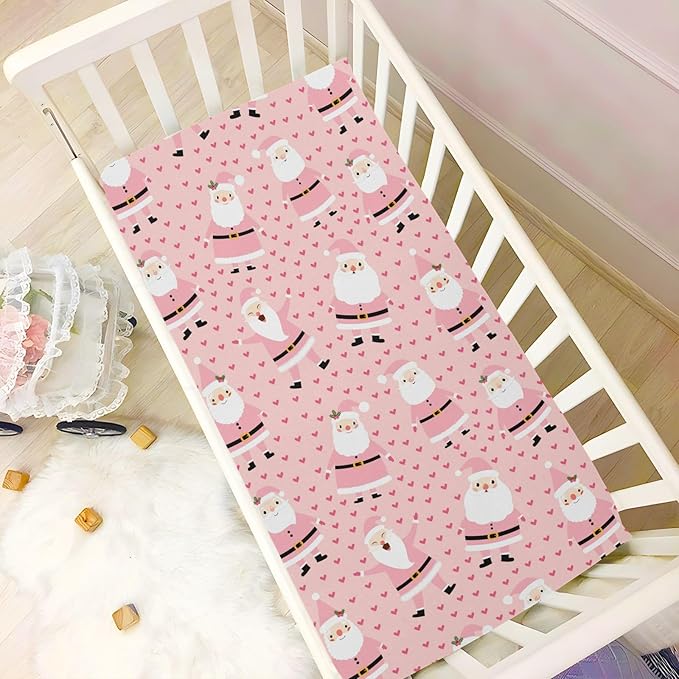 Christmas Pink Santa Crib Sheets Soft Breathable Fitted Baby Crib Sheets Mattress Cover for Girl Boys, 52" x 28" x 9"