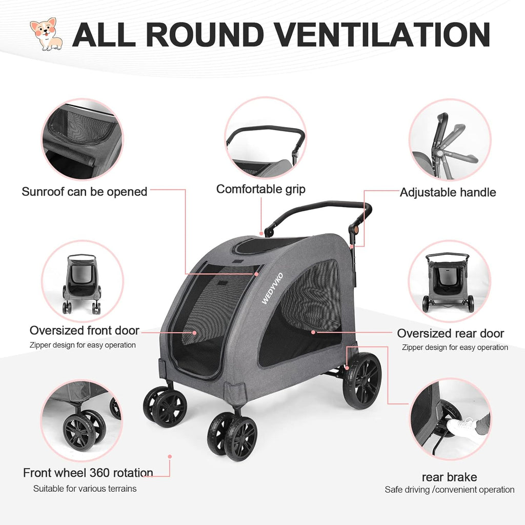 Large Dog Travel Stroller with 4 Heavy Duty Wheels Pet Stroller with Adjustable Handle - Double Doggie Capacity Jogger Wagon with Back Front Door for Small Medium Large Dogs (Dark Light Gray)