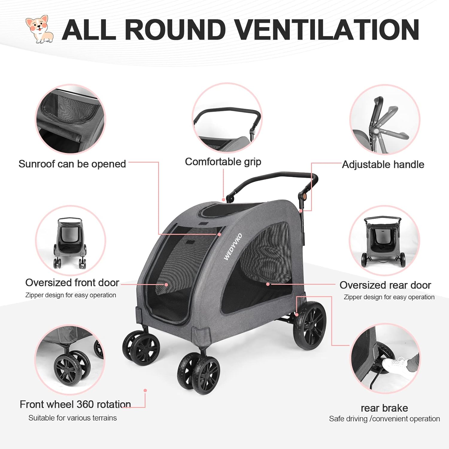 Large Dog Travel Stroller with 4 Heavy Duty Wheels Pet Stroller with Adjustable Handle - Double Doggie Capacity Jogger Wagon with Back Front Door for Small Medium Large Dogs (Dark Light Gray)