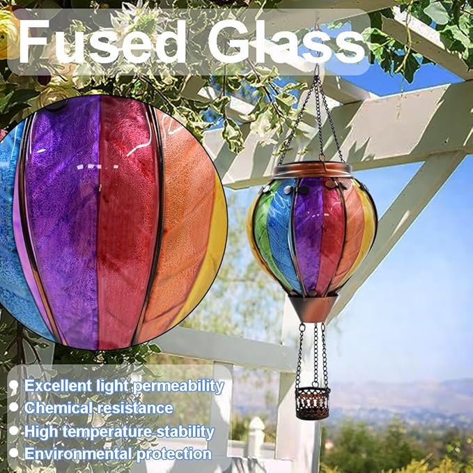 Hot Air Balloon Solar Lantern with Flickering Flame, Glass Hanging Garden Lights Outdoor Waterproof for Tree Yard Patio Mother's Day Gift, 18" H Colorful-A