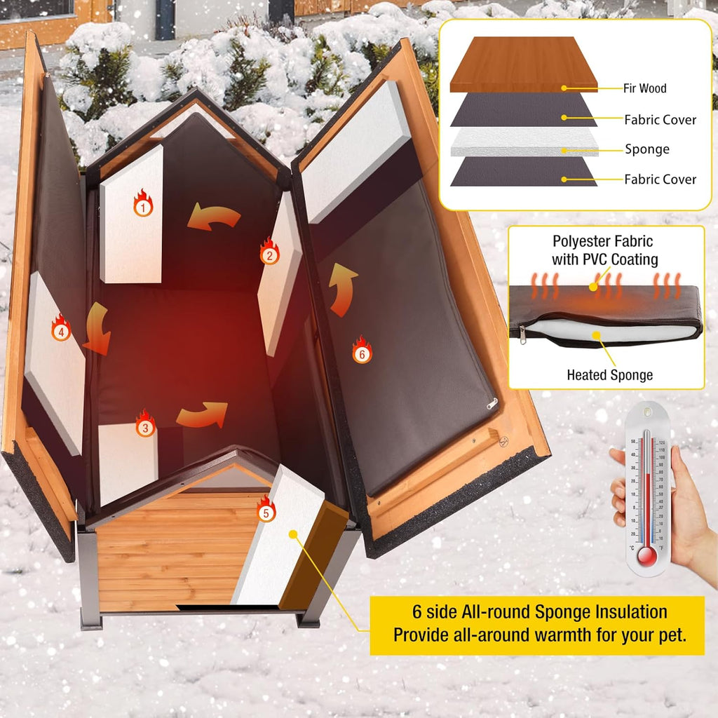 Aivituvin Dog House with Insulated Liner Anti-Chewing Metal Frame Design Insulated Wooden Dog Kennel with Unique Design Roof, Weatherproof Dog House for Outdoor Indoor
