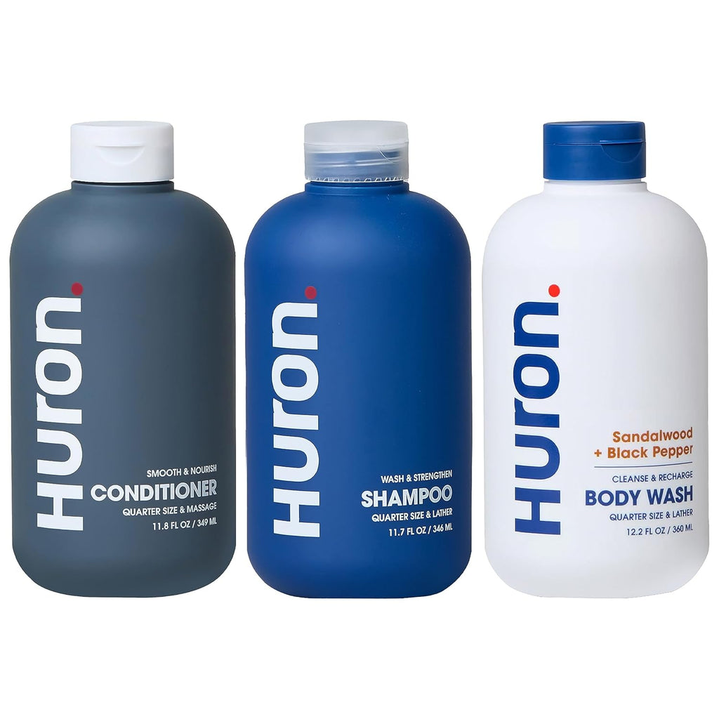 Huron Shower Kit - Shampoo, Conditioner, & Body Wash For Men - Sandalwood + Black Pepper Scent - Hydrating & Nourishing Men's Shampoo & Conditioner