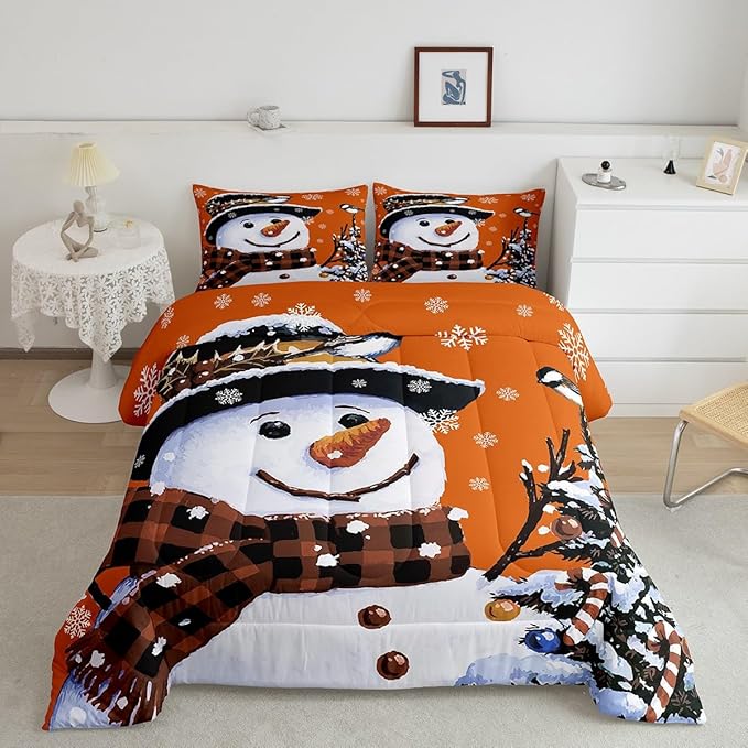 Feelyou Kids Christmas Theme Decorations Bedding Set Xmas Snowman Comforter Set for Boys Girls Snowflake Kawaii Cute Comforter Pumpkin Orange Quilt Set Bedroom Collection Toddler Size