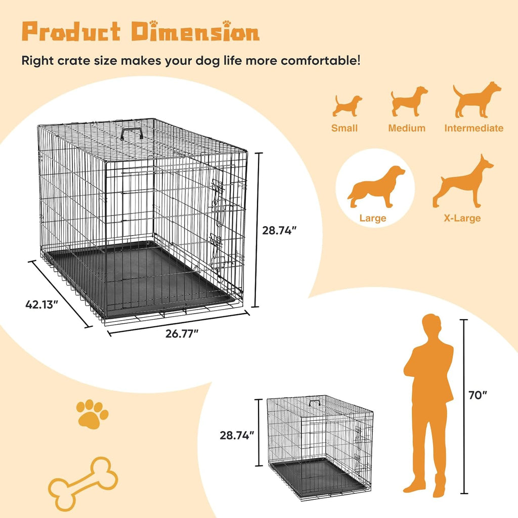 DUMOS Dog Crate, 42 Inch Large Double Door Dog Cage with Divider Panel and Plastic Leak-Proof Pan Tray, Folding Metal Wire Pet Kennel for Indoor, Outdoor, Travel