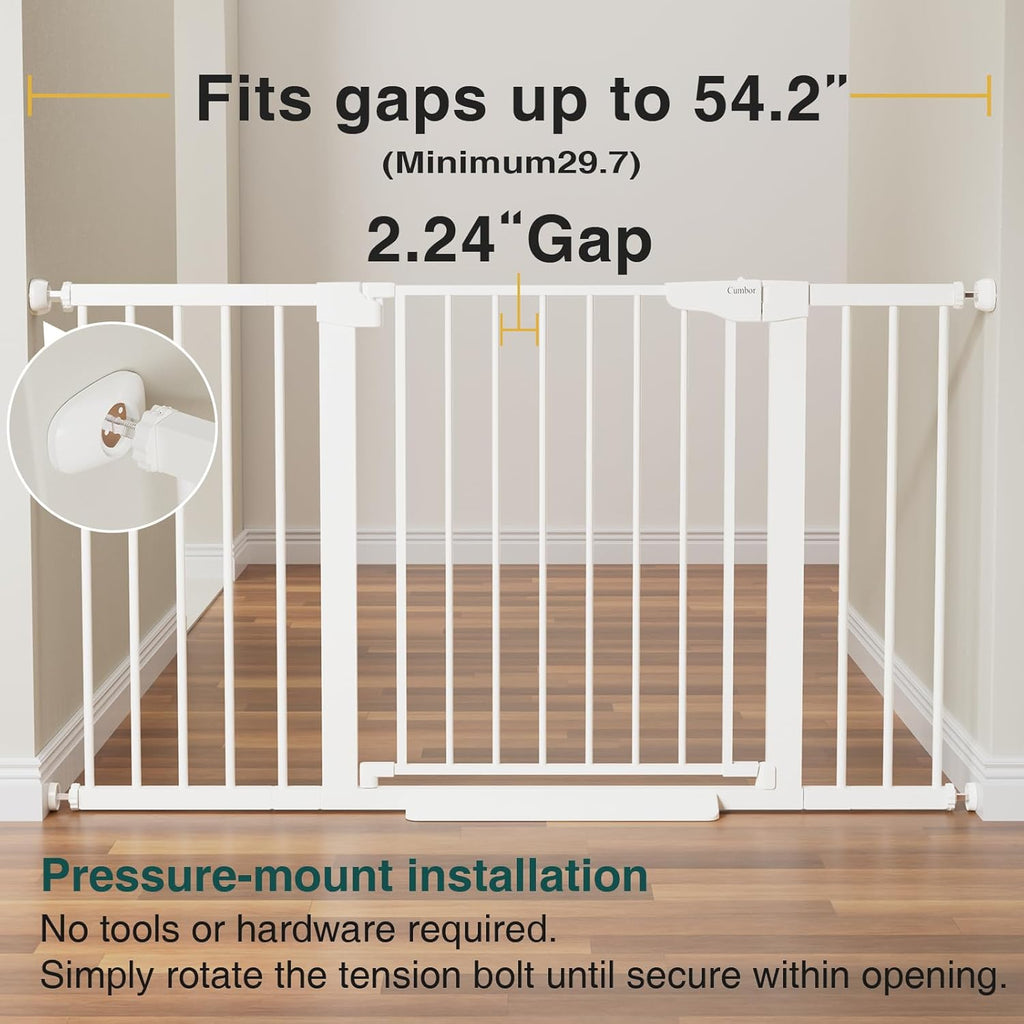 Cumbor 29.7-54.2" Wide Baby Gate for Stairs, Mom's Choice Awards Winner-Self Closing Dog Gate Indoor for Doorways, No Drilling Pressure Mounted Pet Gates for Kids, Easy Walk Through Safety Gate, White