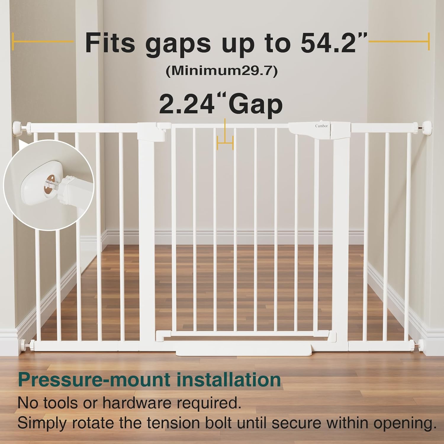 Cumbor 29.7-54.2" Wide Baby Gate for Stairs, Mom's Choice Awards Winner-Self Closing Dog Gate Indoor for Doorways, No Drilling Pressure Mounted Pet Gates for Kids, Easy Walk Through Safety Gate, White