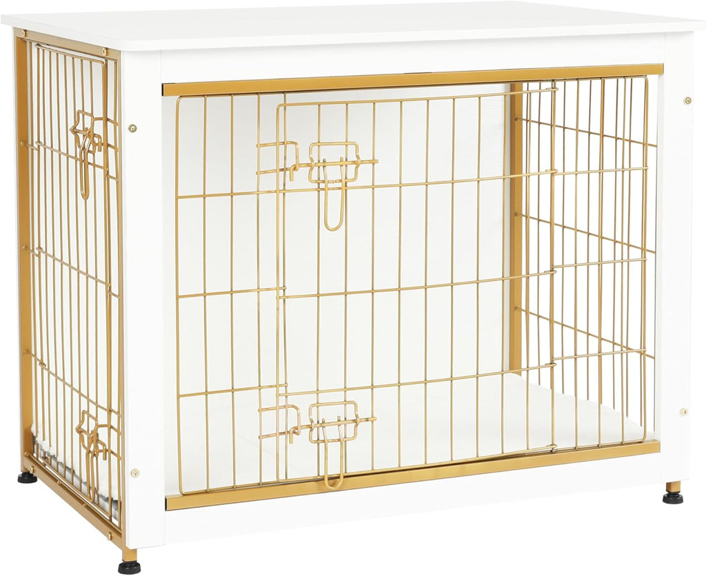 DWANTON Dog Crate Furniture with Cushion, Wooden Kennel Table with Double Doors, Indoor Dog House, Medium Size, 32.5" L, White