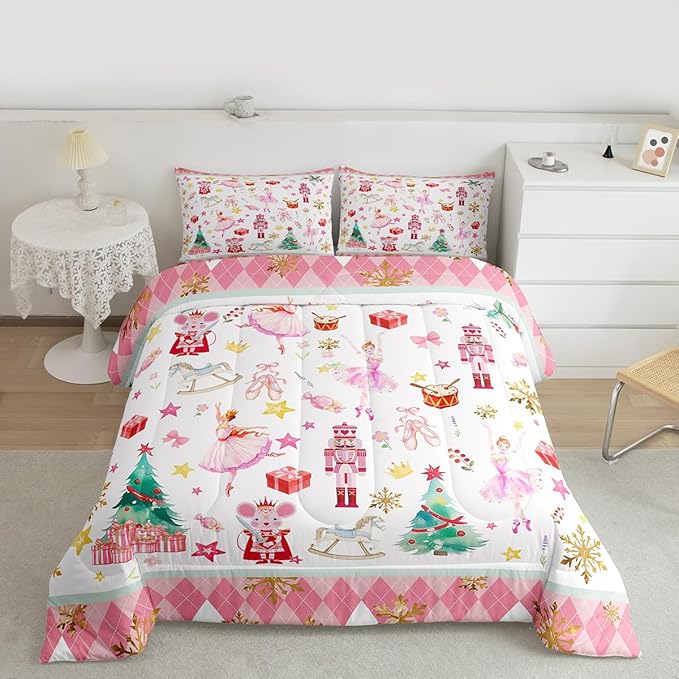 Feelyou Pink Christmas Kids Comforter Set Queen Size Ballet Nutcracker Bedding Set Snowflake Duvet Quilt for Kids Boys Girls Bedroom Decor Microfiber Ultra Soft Breathable