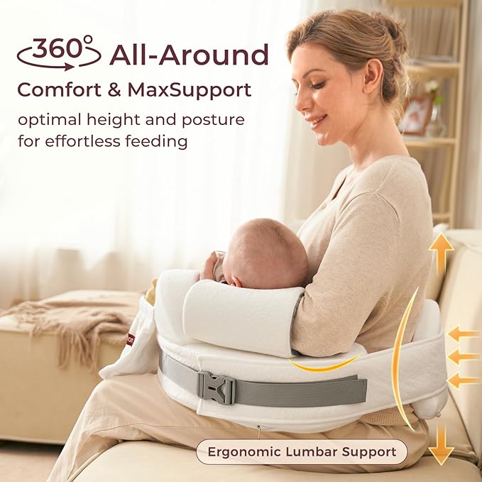 Momcozy CozyPro Nursing Pillow - All Around Lumbar & Arm Support - Safety Fence, Firm & Springy Memory Foam-Stable, Ergonomic Support, Easier Breastfeeding, Wider Cushion, Adjustable, Removable Cover