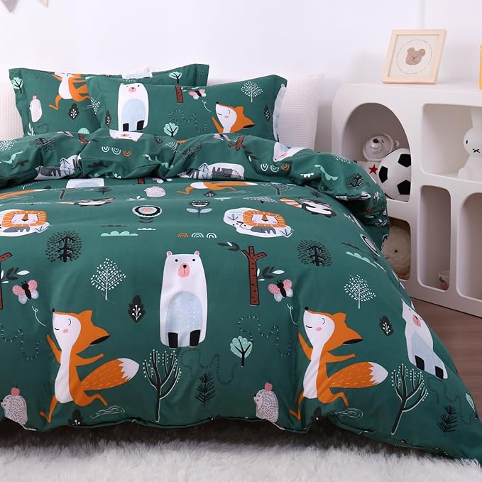 JSD Green Forest Animal Kids Duvet Cover Set Full Size, 3 Piece Soft Printed Microfiber Comforter Cover with Pillow Sham Zipper Closure, Comforter Not Included