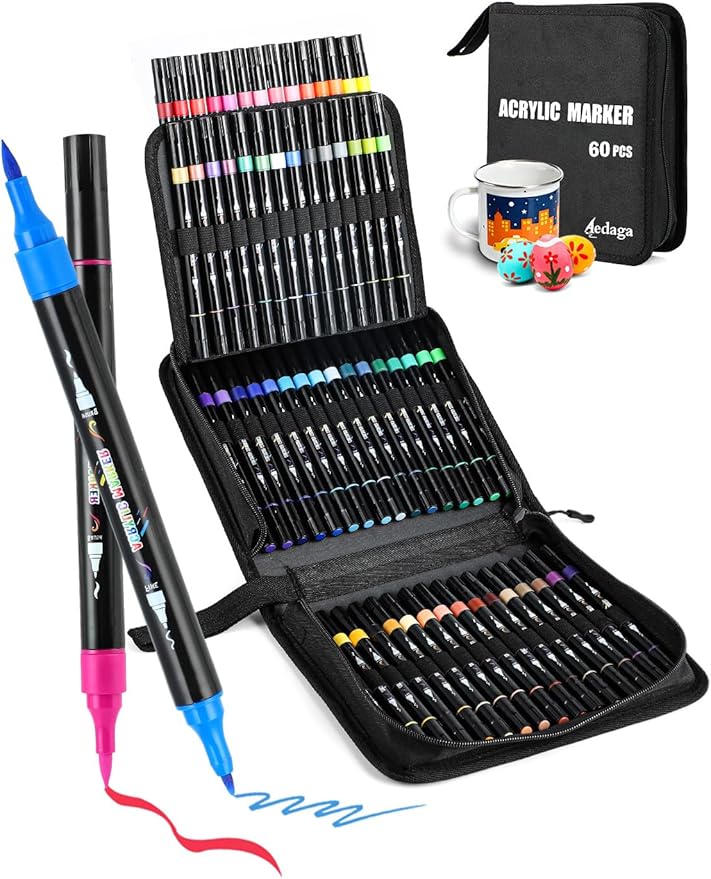 60 Colors Acrylic Paint Markers, Dual Tip Acrylic Paint Pens with Brush Tip and Fine Tip for for Adults, Kids, Eggs, Wood, Rock, Canvas, Plastic, Stone, Glass, Ceramic