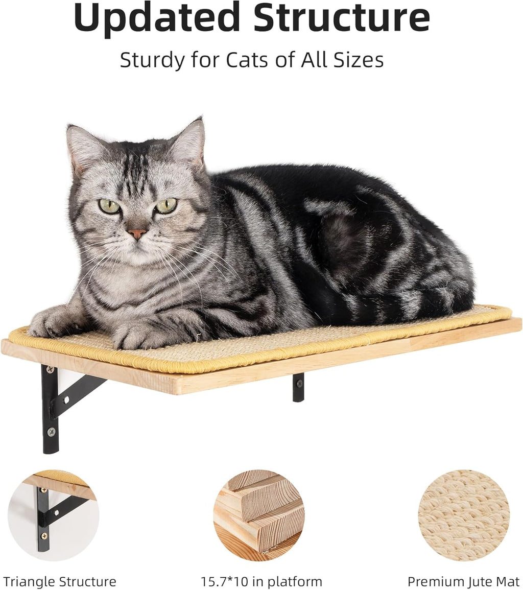 Meowoou Cat Wall Shelf with Sisal Mat, Wall Mounted Rubber Wood Cat Wall Furniture, Cats Climbing Steps for Wall, Cats Window Perches for Sleeping, Playing and Scratching