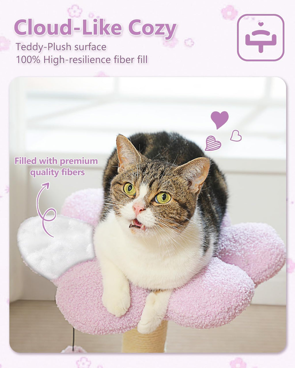 Flower Cat Scratching Post, 28" Cute Cat Tree Tower for Indoor Cats with Large Hammock Soft Perch Bed, Replaceable Toy Ball for Kittens, Purple