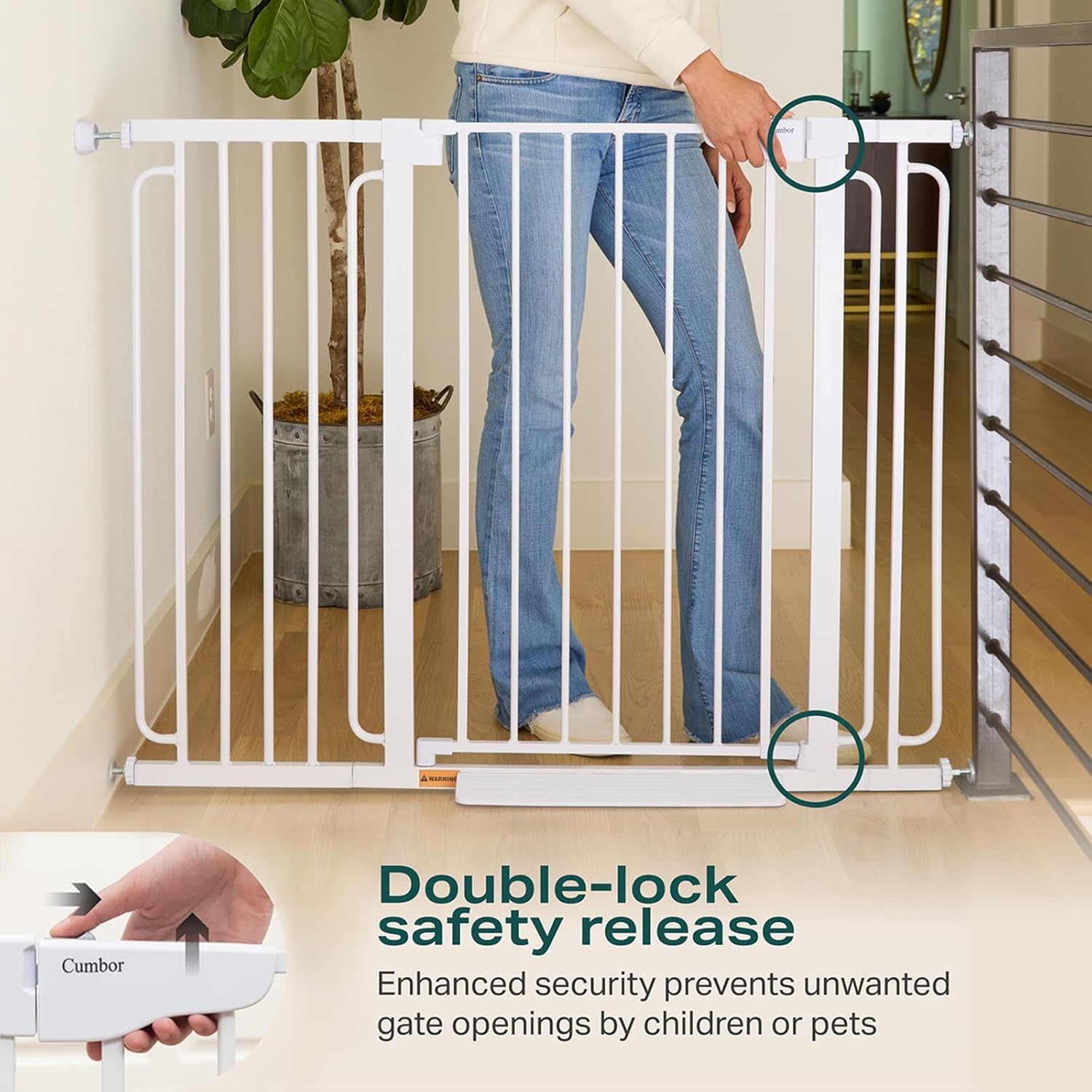 Cumbor 36" Extra Tall Baby Gate for Stairs, 29.7-57" Extra Wide Dog Gate for Doorways Hallways, Pressure Mounted Child Gate for Wide Opening, Auto Close Personal Safety for Babies and Pets, White