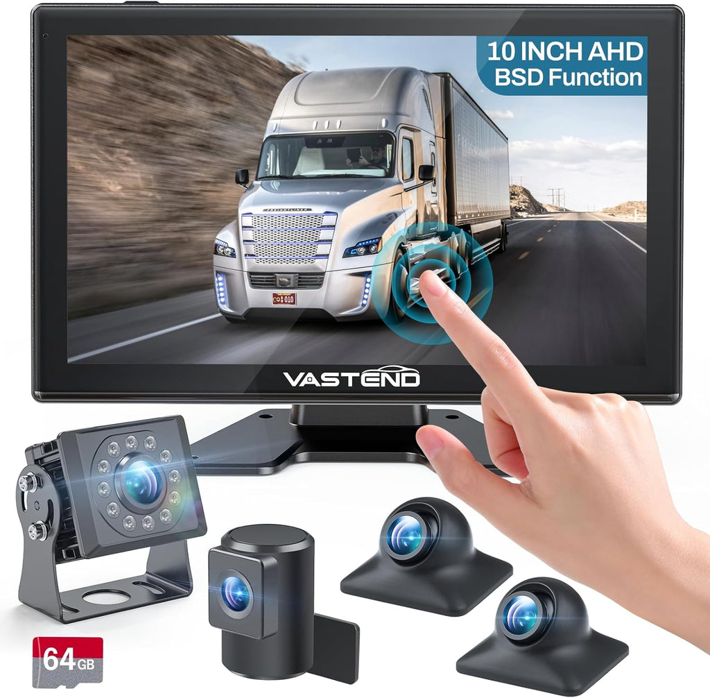 Truck Camera System Kit, Backup Camera with 10” Touch Monitor & 4 Cameras, 1080P IR Night Vision Rear View Camera for Bus, Semi-Truck, Trailer, RV, Camper, Included 64GB Card
