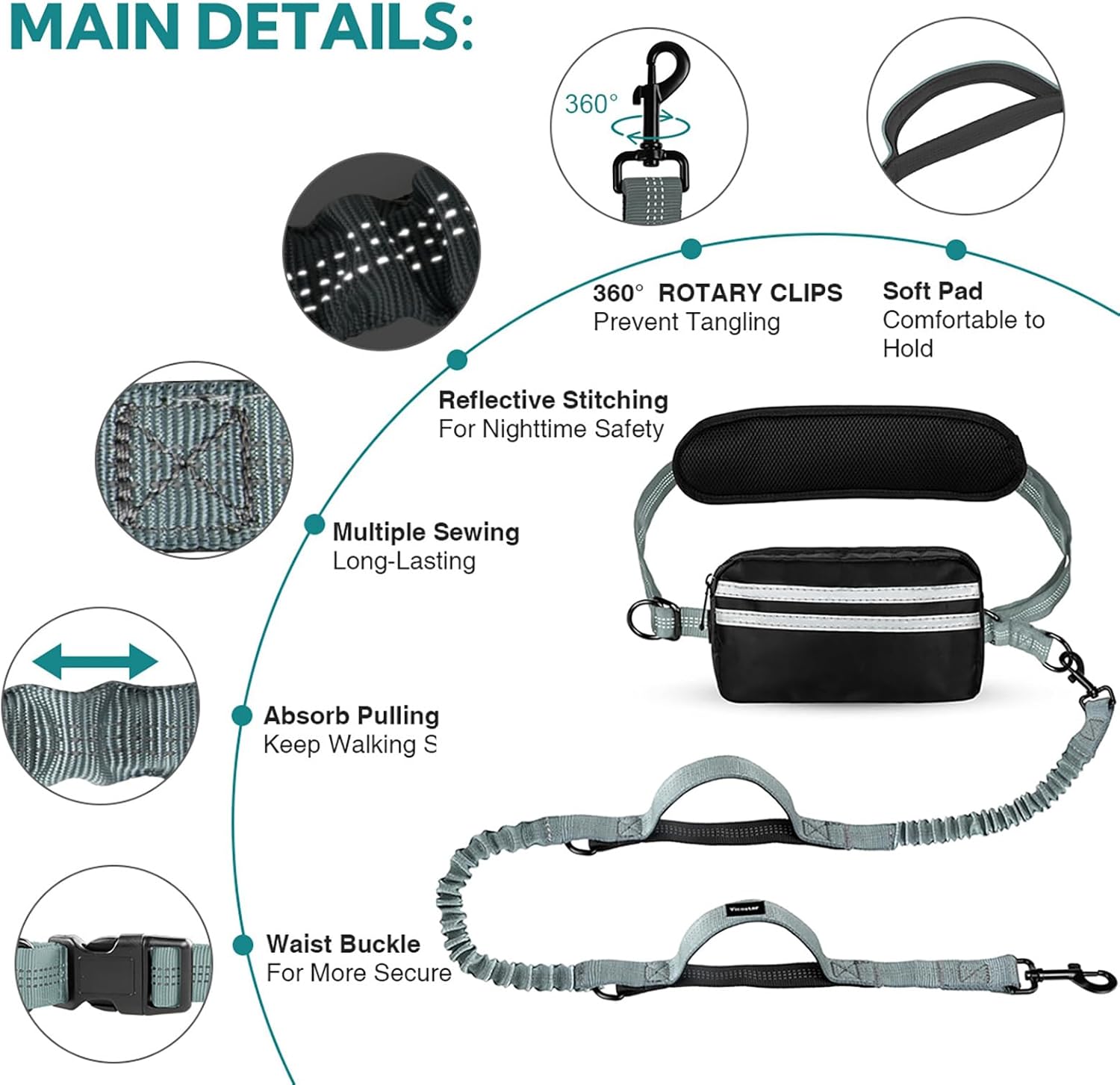 Hands Free Dog Leash with Pouch, Adjustable Waist Belt with Double Padded Handles, Waist Leash for Dog Walking, Dog Leash with Bungee for Medium & Large Dog, Dog Walking Accessories, Olive