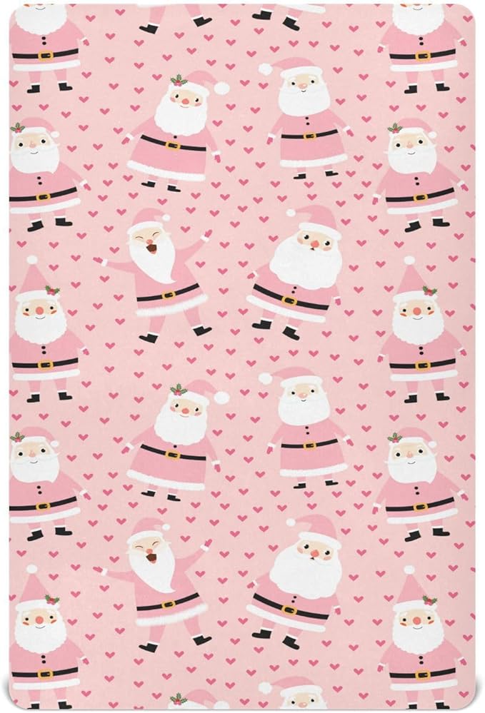 Christmas Pink Santa Crib Sheets Soft Breathable Fitted Baby Crib Sheets Mattress Cover for Girl Boys, 52" x 28" x 9"