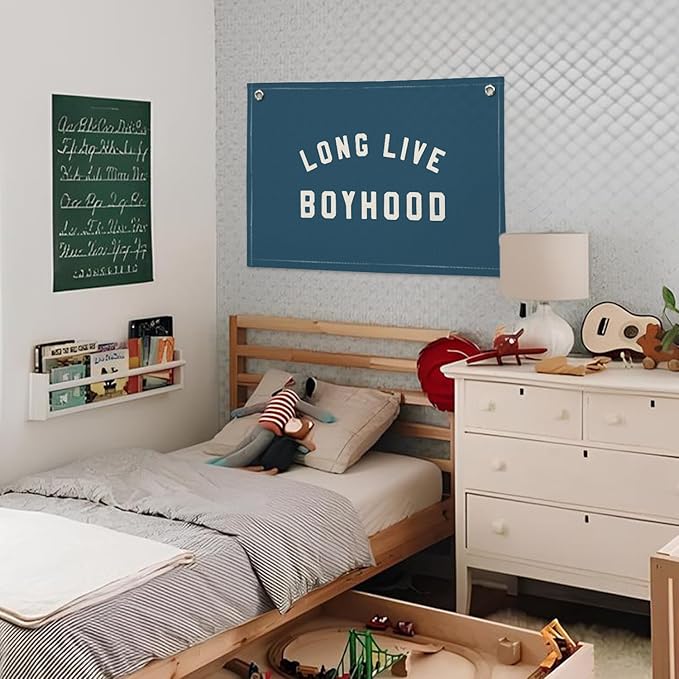 Long Live Boyhood Boys Room Decor - Linen Banner Wall Hanging Canvas Banner Flag Decor for Toddler Boy Room Nursery Playroom - Navy Blue