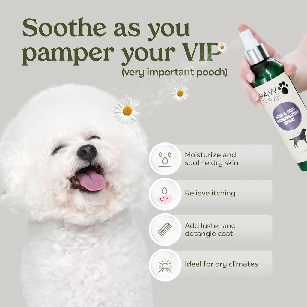 PAWFUME Skin & Coat Detangler Spray for Dogs, 4-Pack – Soothe Dry, Itchy Coats Quickly – Non-Toxic Chamomile & Oat Formula, Essential Fatty Acids & Vet-Certified – Dog Detangler Spray Dematting Care
